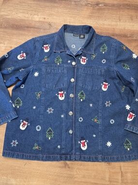 Vintage Northcrest Blue Denim Button-Down Shirt with Holiday Embroidery 22/24